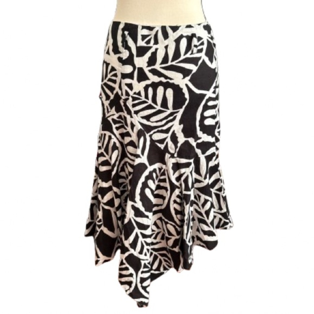 Black White Leaf Print Linen Midi Skirt Size 12 Lined Flare - Picture 5 of 5